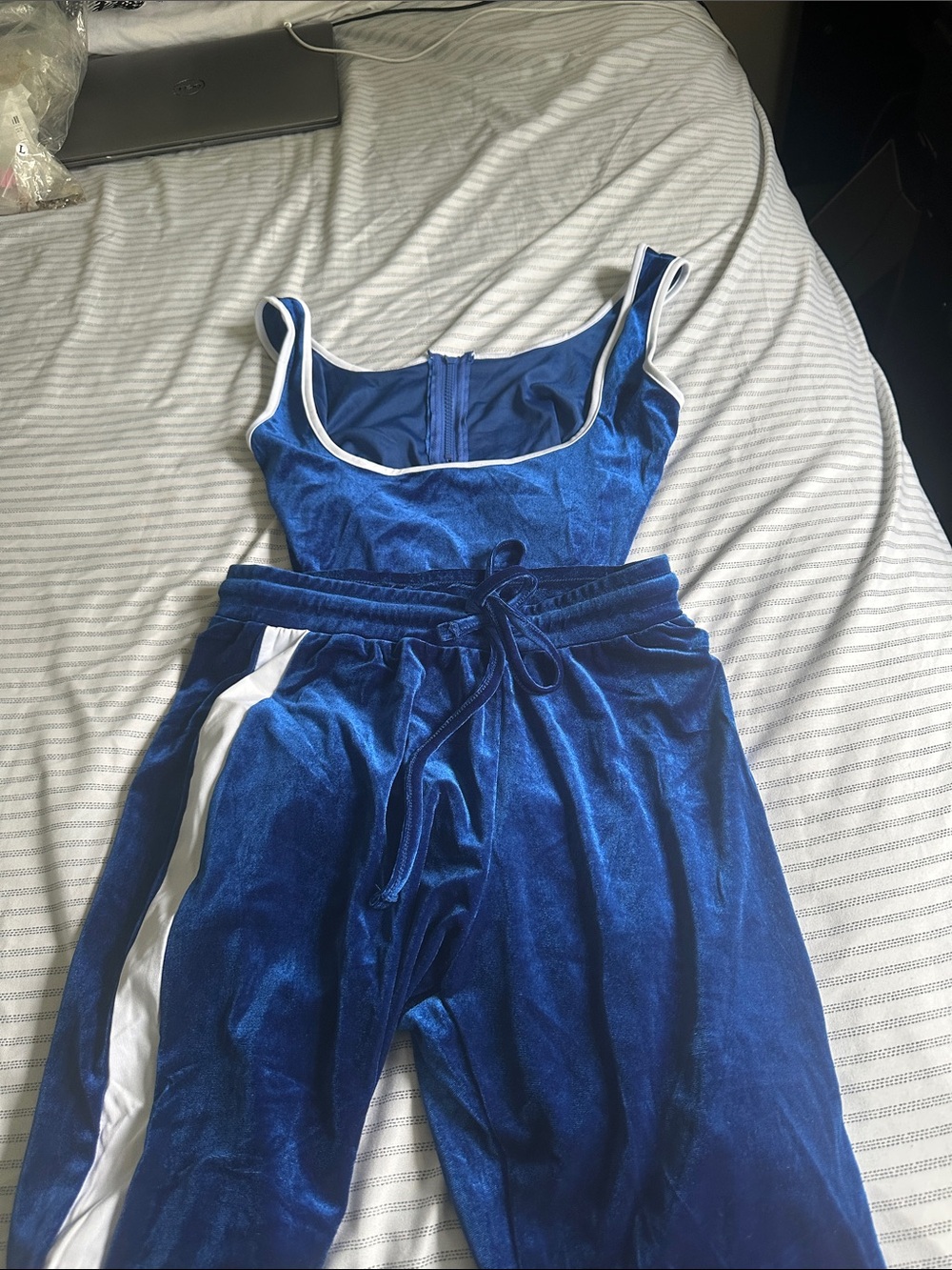 Blue Velvet Track Jumpsuit Set with White Trim